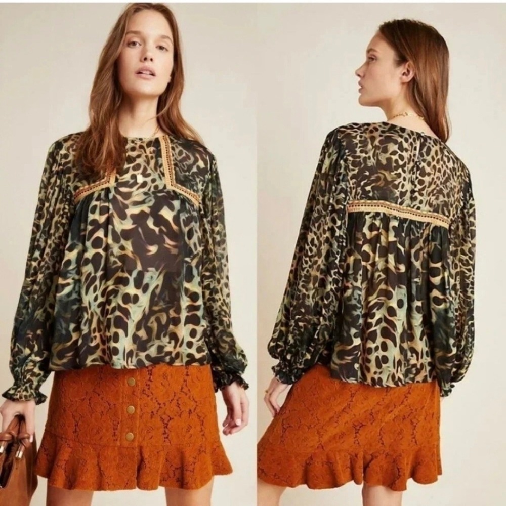 Bl^nk London Joelle Leopard Print Peasant Blouse XS Black Green - Picture 3 of 16